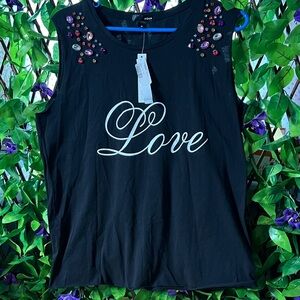 Aqua Black Love Tank with Embellishments